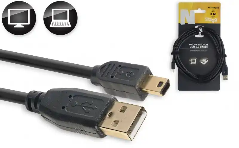 Vente Directe DISCONTINUE Stagg NCC3UAUNB - Câble Ordinateur Mini-USB B / USB A - 3M