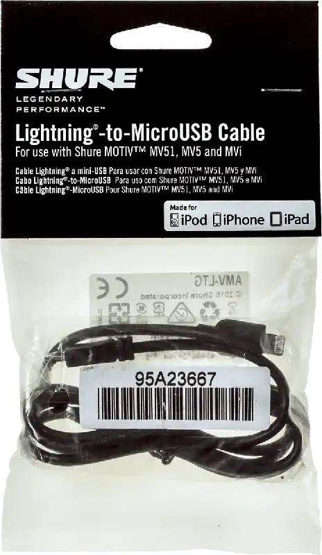 Promotion Saisonnière Shure AMV-LTG Câble micro USB Lightning 1 m