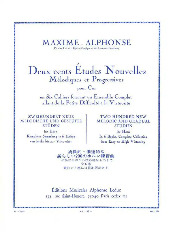 Top Vente Alphonse Leduc Deux cents Etudes Nouvelles Melodiques et Progressives Pour Cor, Cahier 3 40 Etudes Moyenne Force - Maxime-Alphonse - Horn - Book