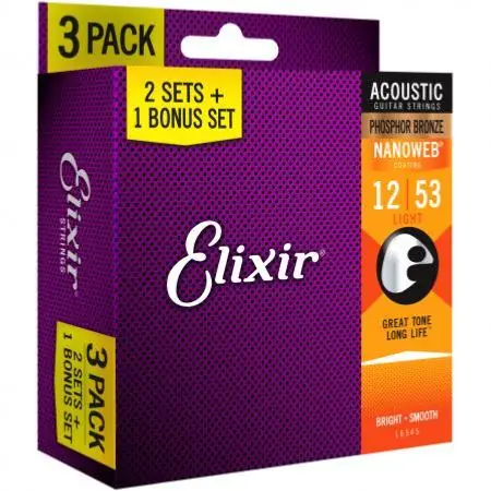 Petit Prix Cordes Guitare Folk Elixir Nanoweb Phosphore Bronze 12-53 Pack de 3