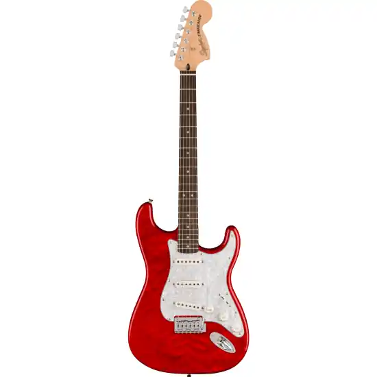 DISCONTINUE FSR Affinity Series Stratocaster QMT, Laurel Fingerboard, White Pearloid Pickguard, Crimson Red Transparent Marque