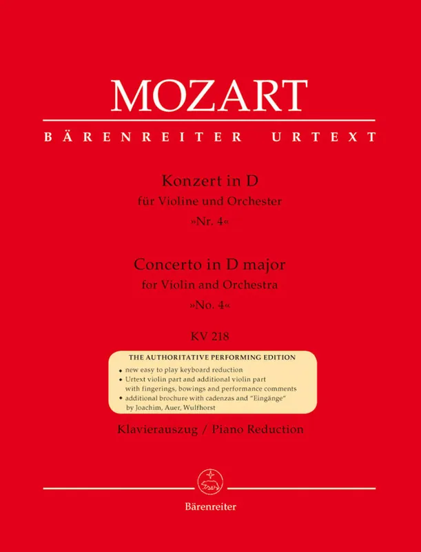 Commande En Gros Baerenreiter Verlag Concerto for Violin and Orchestra no. 4 in D major K. 218 - Mozart/Schelhaas - Violin/Piano Reduction - Sheet Music